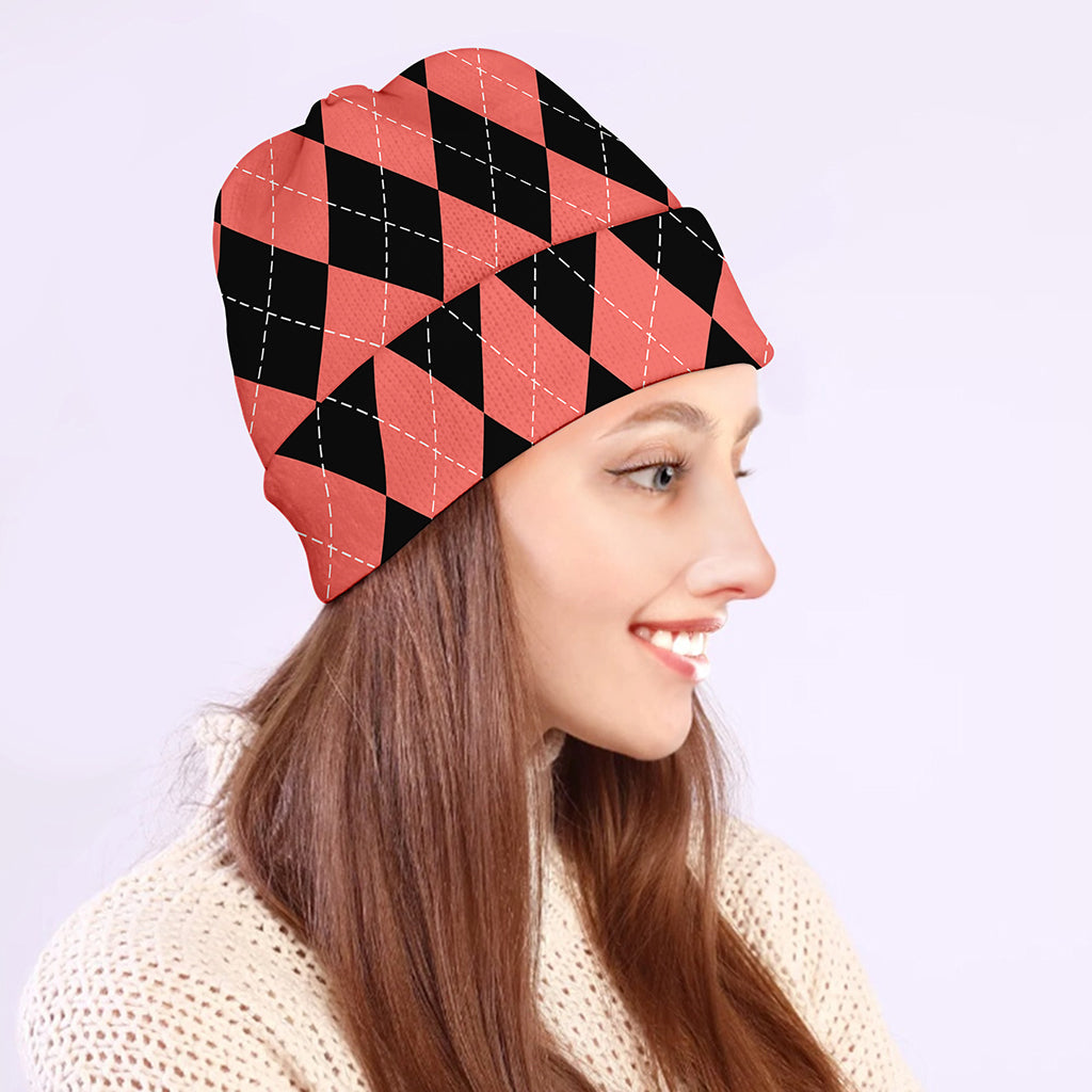 Black And Coral Argyle Pattern Print Beanie