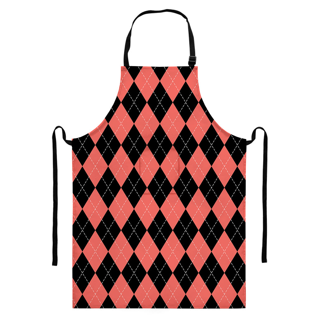 Black And Coral Argyle Pattern Print Bib Apron With Pocket