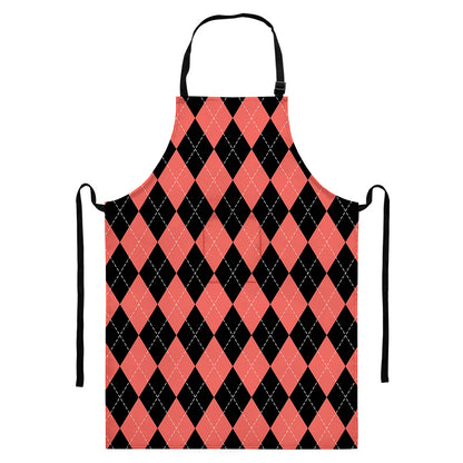 Black And Coral Argyle Pattern Print Bib Apron With Pocket