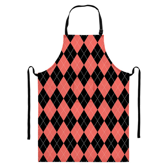 Black And Coral Argyle Pattern Print Bib Apron With Pocket