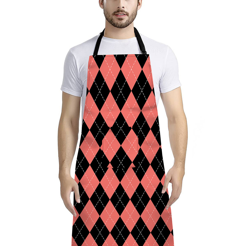 Black And Coral Argyle Pattern Print Bib Apron With Pocket