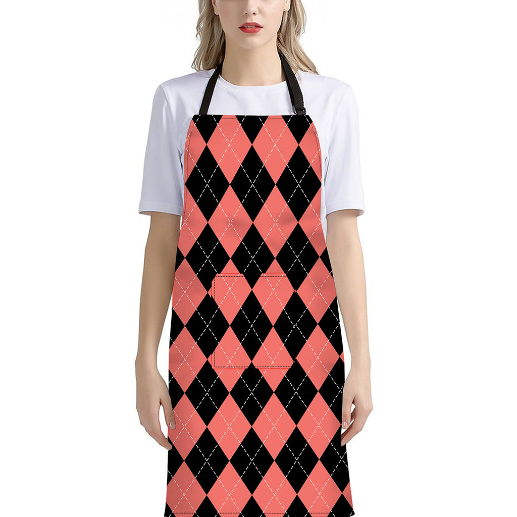 Black And Coral Argyle Pattern Print Bib Apron With Pocket