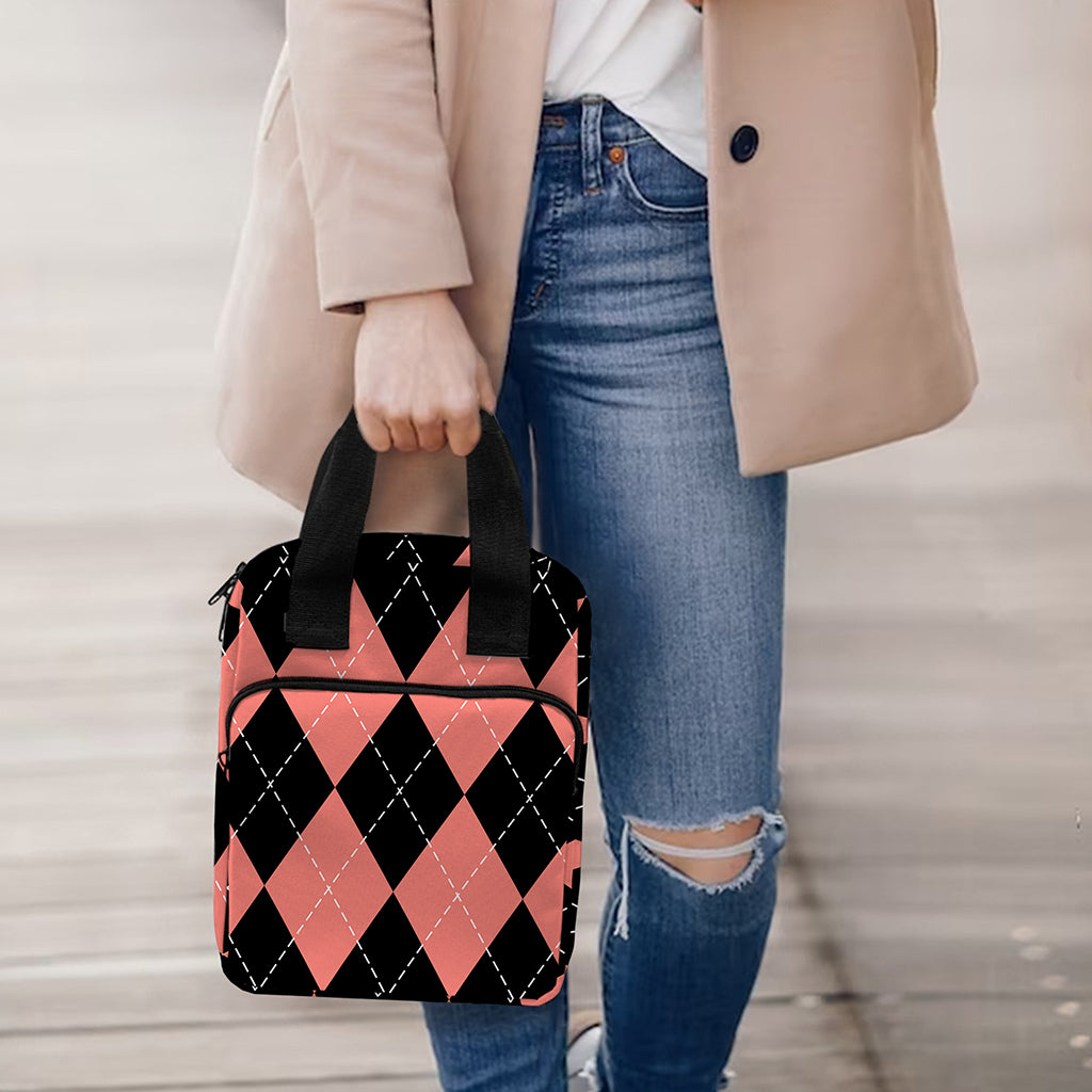 Black And Coral Argyle Pattern Print Bible Tote Bag
