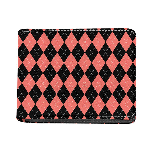 Black And Coral Argyle Pattern Print Bifold Wallet