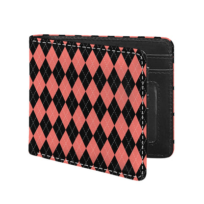 Black And Coral Argyle Pattern Print Bifold Wallet