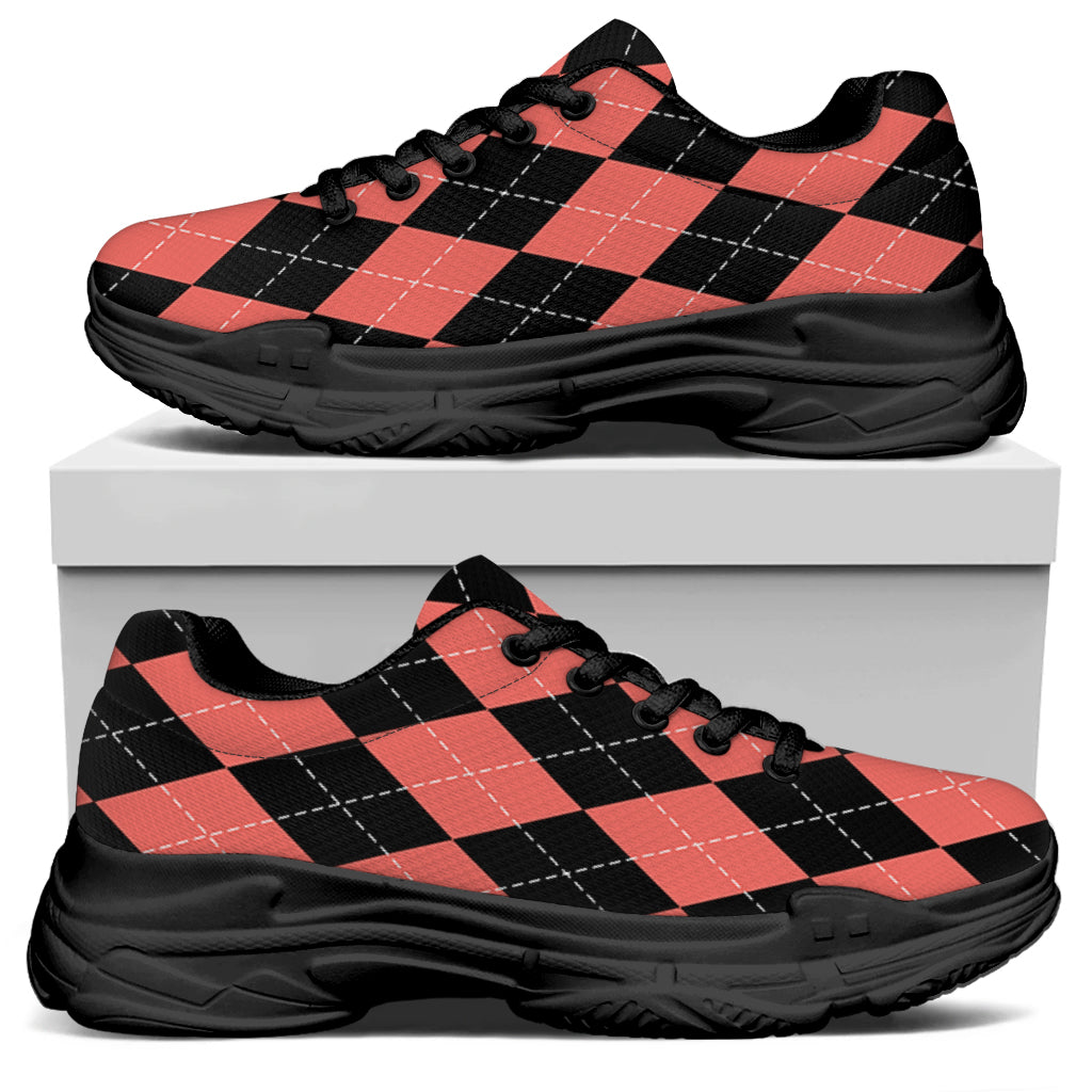 Black And Coral Argyle Pattern Print Black Chunky Shoes
