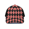 Black And Coral Argyle Pattern Print Black Mesh Trucker Hat