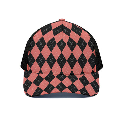 Black And Coral Argyle Pattern Print Black Mesh Trucker Cap
