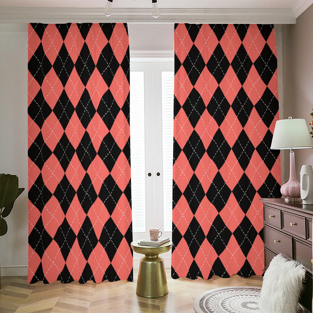 Black And Coral Argyle Pattern Print Blackout Pencil Pleat Curtains