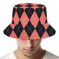 Black And Coral Argyle Pattern Print Bucket Hat