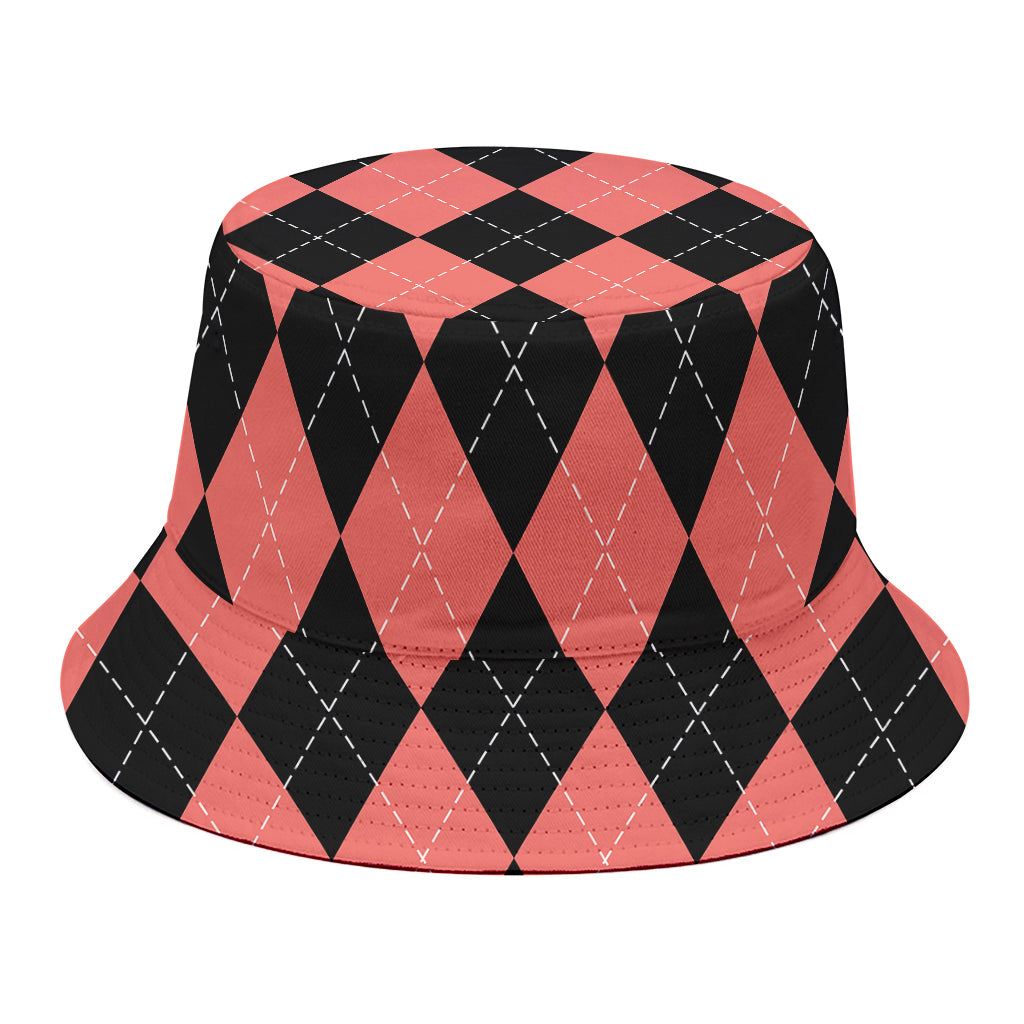 Black And Coral Argyle Pattern Print Bucket Hat