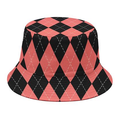 Black And Coral Argyle Pattern Print Bucket Hat