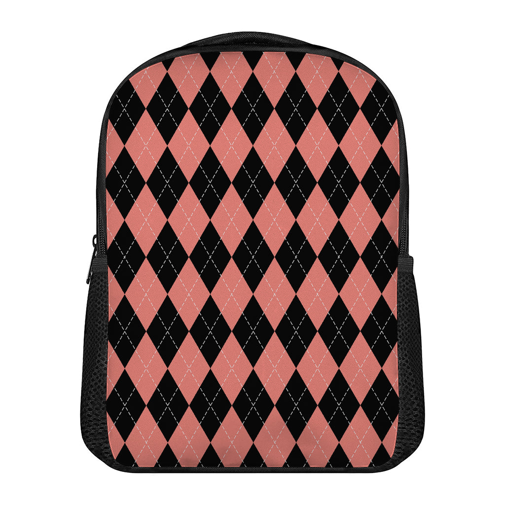 Black And Coral Argyle Pattern Print Casual Backpack