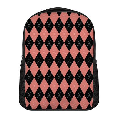 Black And Coral Argyle Pattern Print Casual Backpack