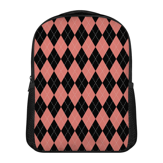 Black And Coral Argyle Pattern Print Casual Backpack
