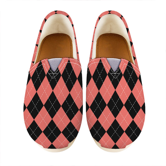 Black And Coral Argyle Pattern Print Casual Shoes