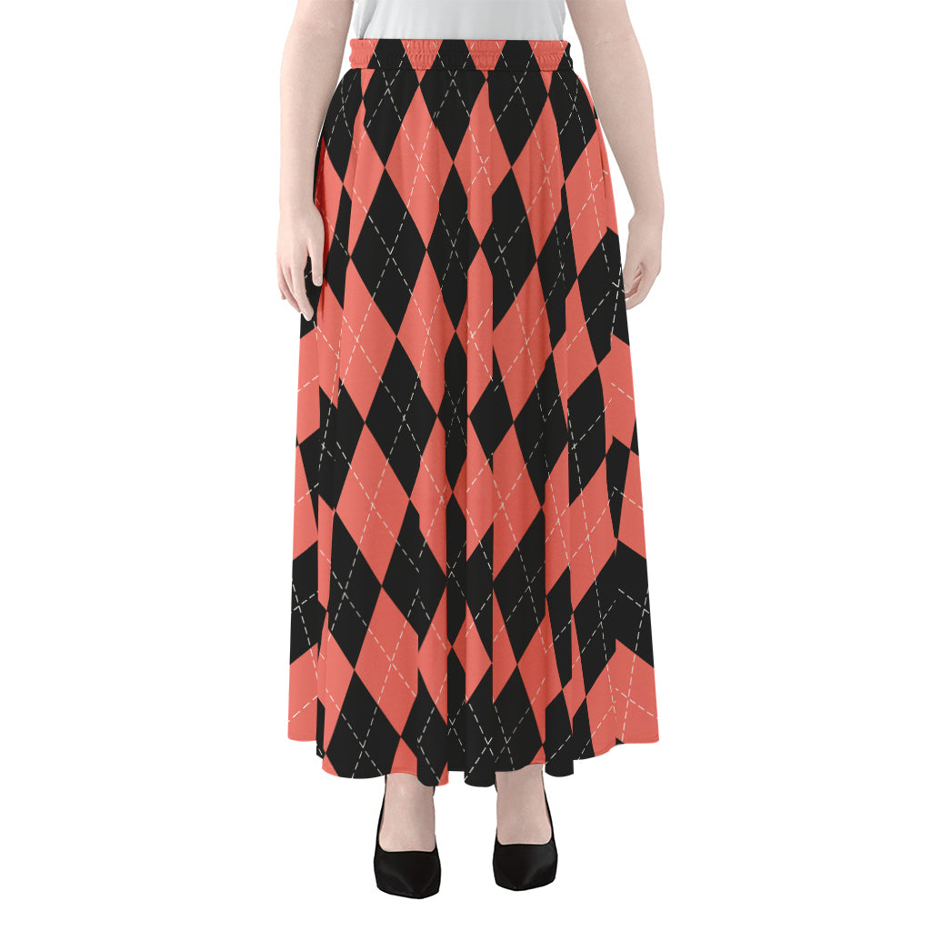 Black And Coral Argyle Pattern Print Chiffon Maxi Skirt