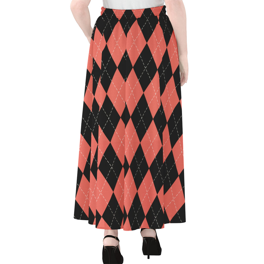 Black And Coral Argyle Pattern Print Chiffon Maxi Skirt
