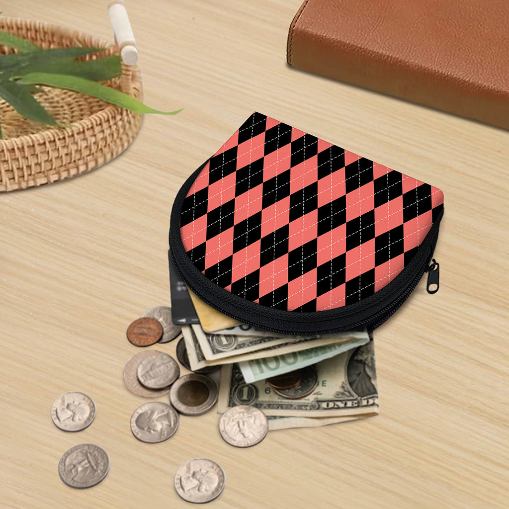 Black And Coral Argyle Pattern Print Coin Purse