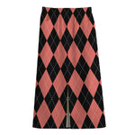 Black And Coral Argyle Pattern Print Cotton Front Slit Maxi Skirt