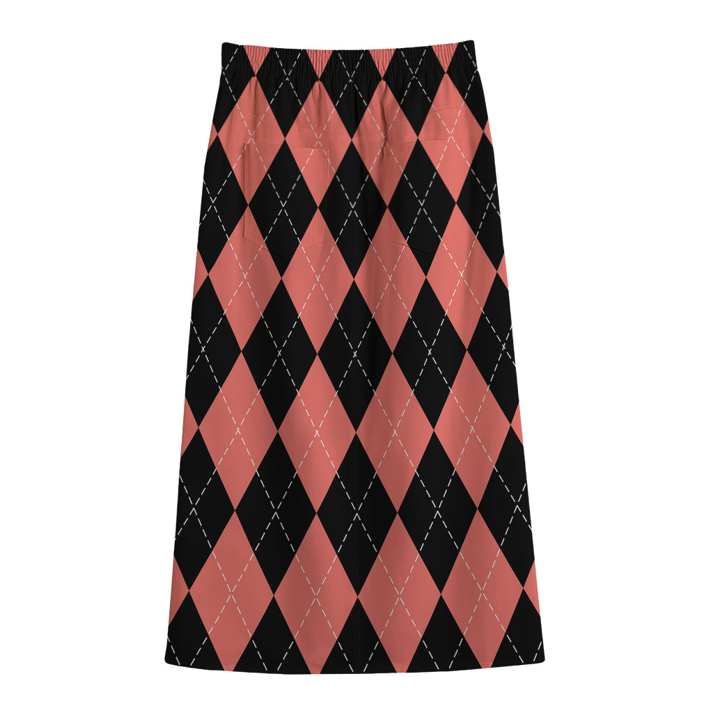 Black And Coral Argyle Pattern Print Cotton Front Slit Maxi Skirt