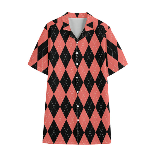 Black And Coral Argyle Pattern Print Cotton Hawaiian Shirt