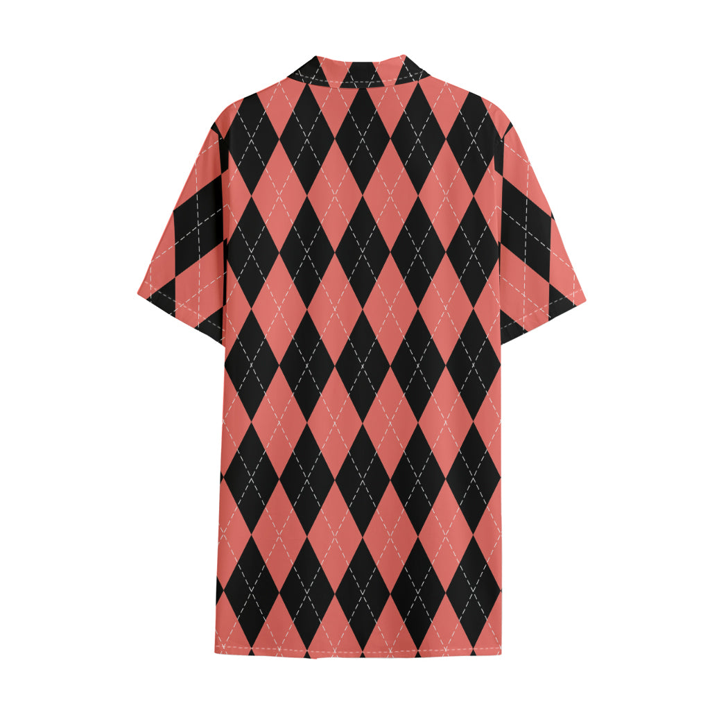 Black And Coral Argyle Pattern Print Cotton Hawaiian Shirt