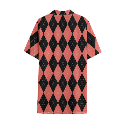Black And Coral Argyle Pattern Print Cotton Hawaiian Shirt