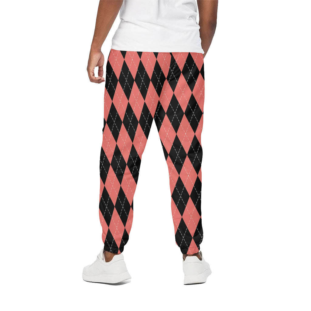 Black And Coral Argyle Pattern Print Cotton Pants