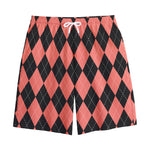 Black And Coral Argyle Pattern Print Cotton Shorts