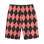 Black And Coral Argyle Pattern Print Cotton Shorts