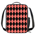 Black And Coral Argyle Pattern Print Crossbody Lunch Bag