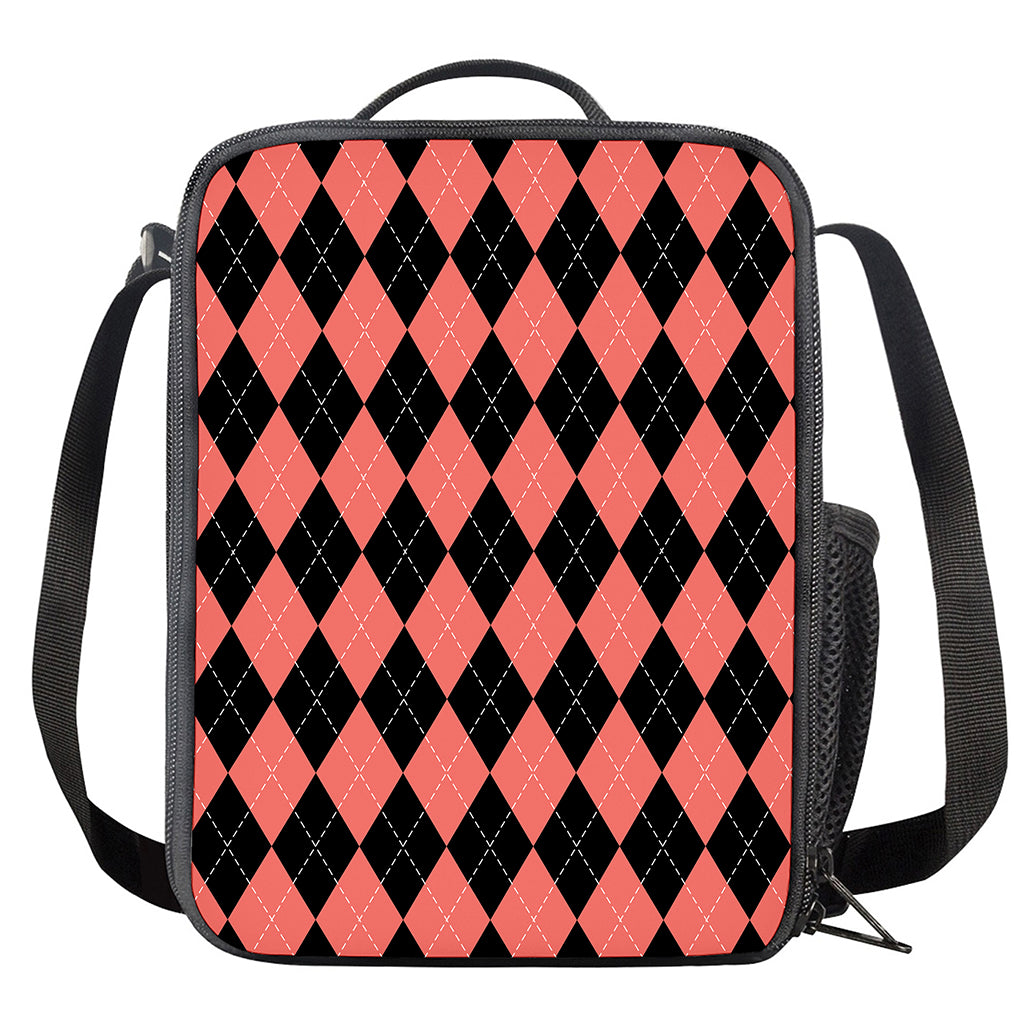 Black And Coral Argyle Pattern Print Crossbody Lunch Bag