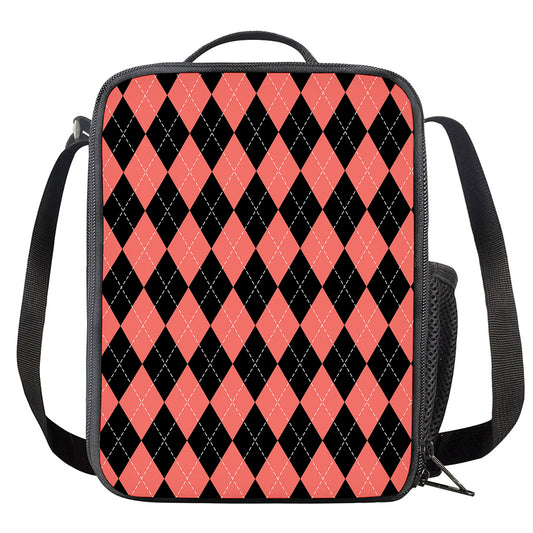 Black And Coral Argyle Pattern Print Crossbody Lunch Bag