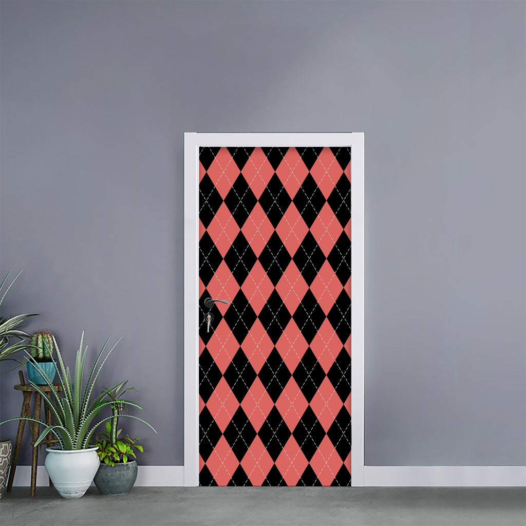 Black And Coral Argyle Pattern Print Door Sticker