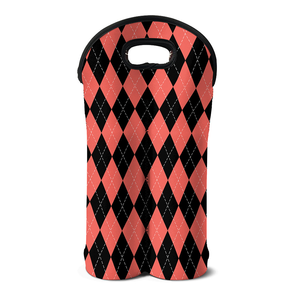 Black And Coral Argyle Pattern Print Double Neoprene Wine Tote