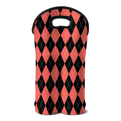 Black And Coral Argyle Pattern Print Double Neoprene Wine Tote