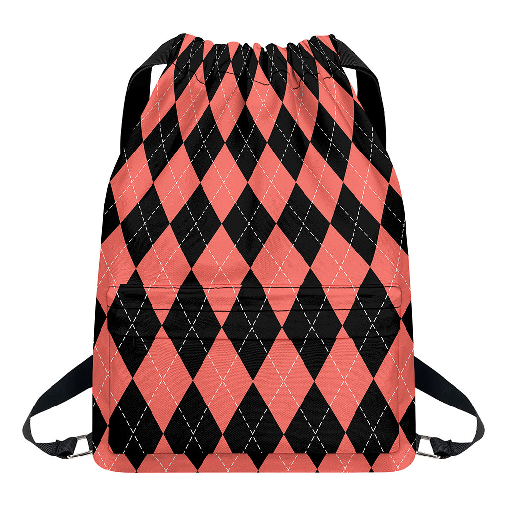 Black And Coral Argyle Pattern Print Drawstring Backpack