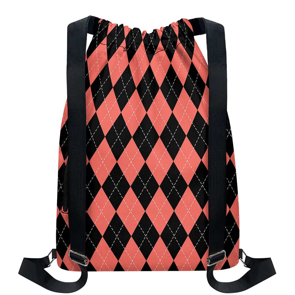Black And Coral Argyle Pattern Print Drawstring Backpack