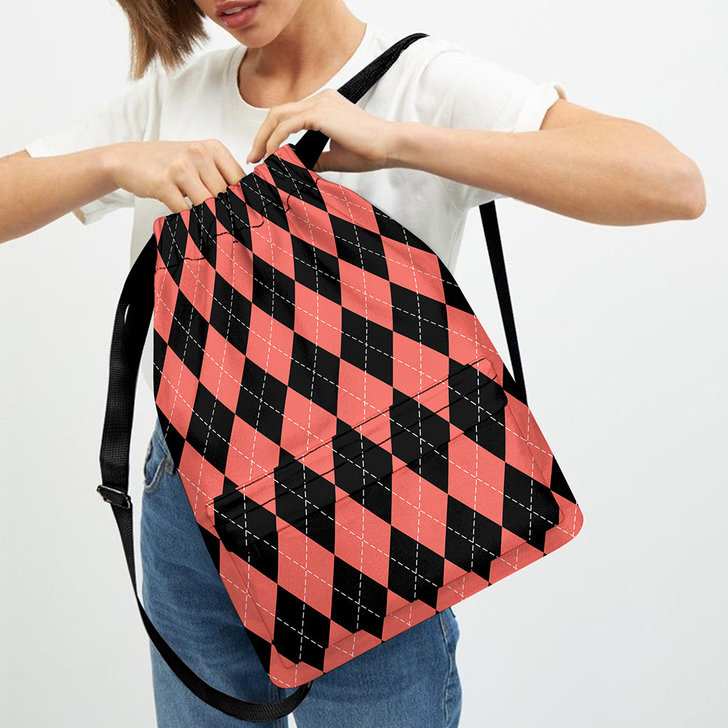 Black And Coral Argyle Pattern Print Drawstring Backpack