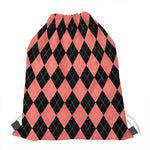 Black And Coral Argyle Pattern Print Drawstring Bag