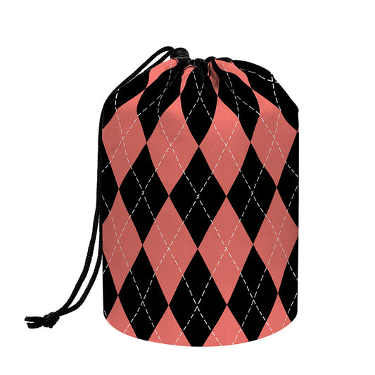 Black And Coral Argyle Pattern Print Drawstring Makeup Bag