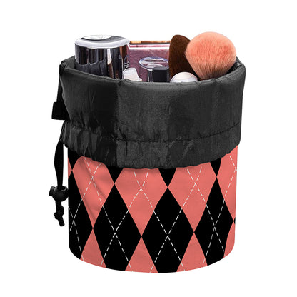 Black And Coral Argyle Pattern Print Drawstring Makeup Bag