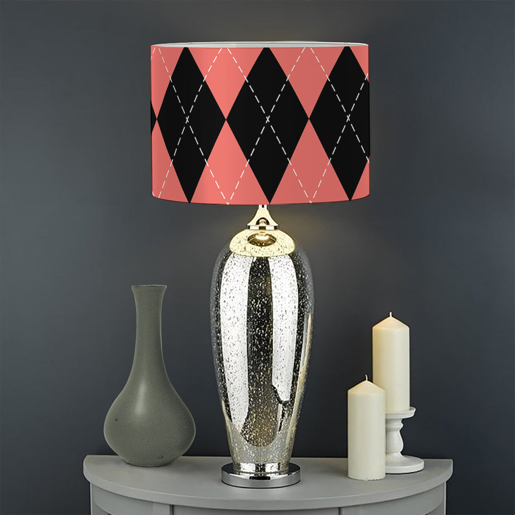 Black And Coral Argyle Pattern Print Drum Lamp Shade