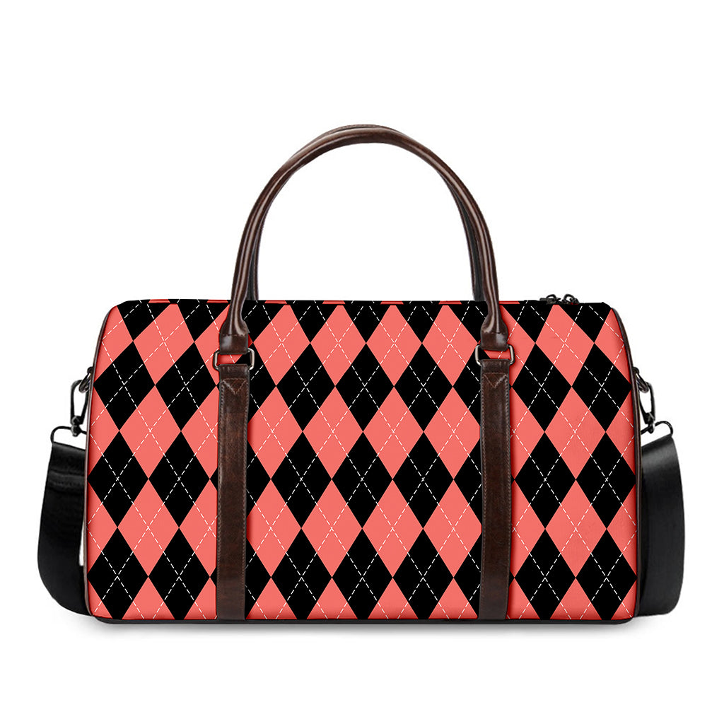 Black And Coral Argyle Pattern Print Duffle Bag