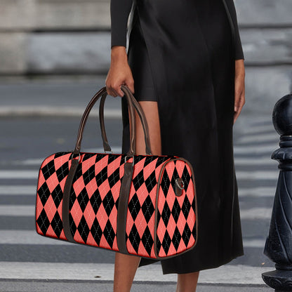 Black And Coral Argyle Pattern Print Duffle Bag