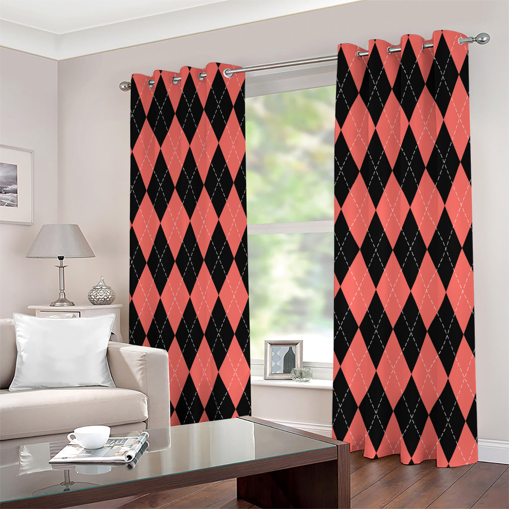 Black And Coral Argyle Pattern Print Extra Wide Grommet Curtains