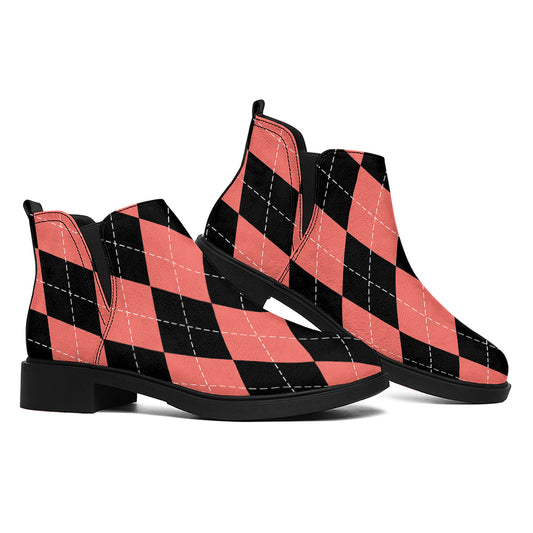 Black And Coral Argyle Pattern Print Flat Ankle Boots