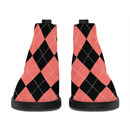 Black And Coral Argyle Pattern Print Flat Ankle Boots
