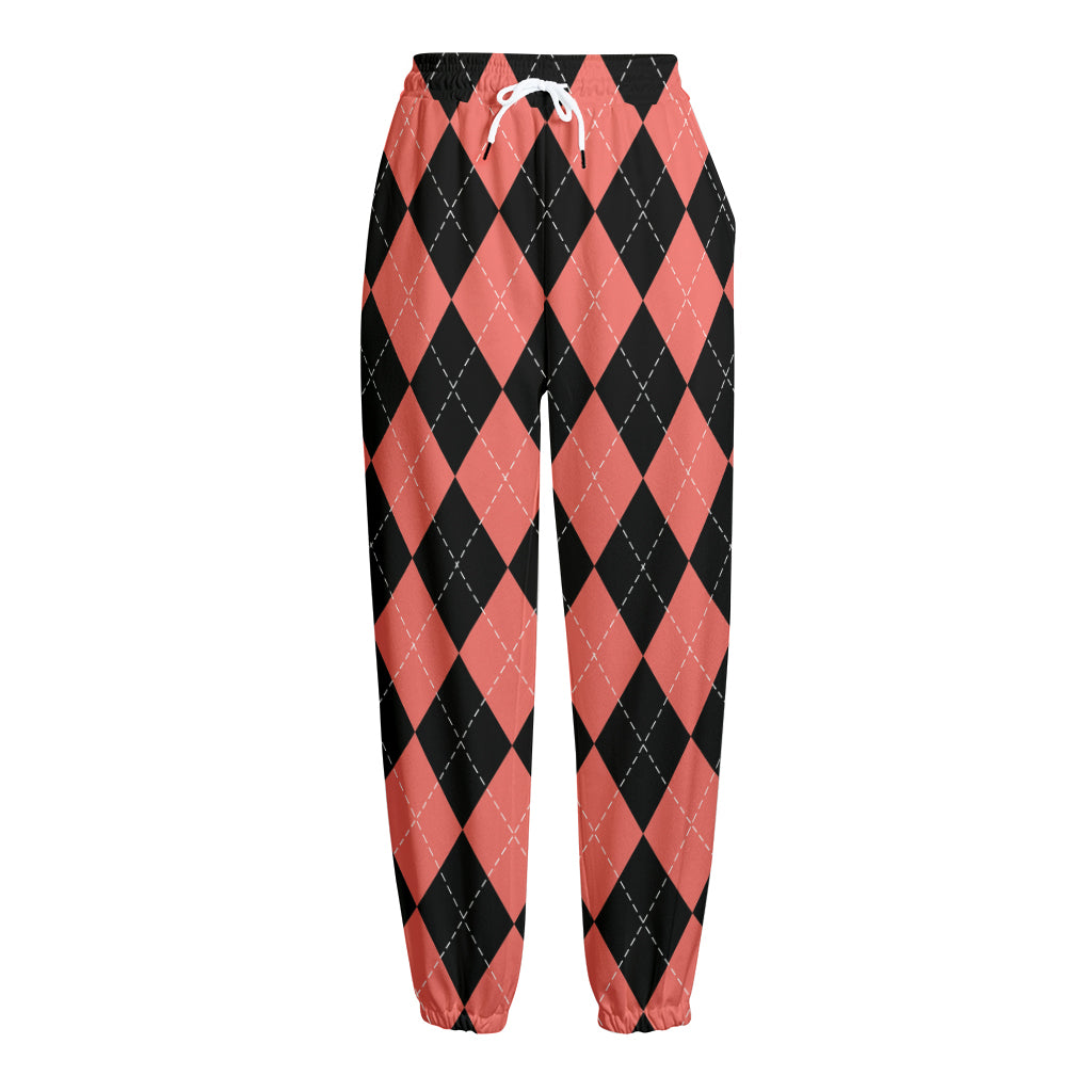 Black And Coral Argyle Pattern Print Fleece Lined Knit Pants